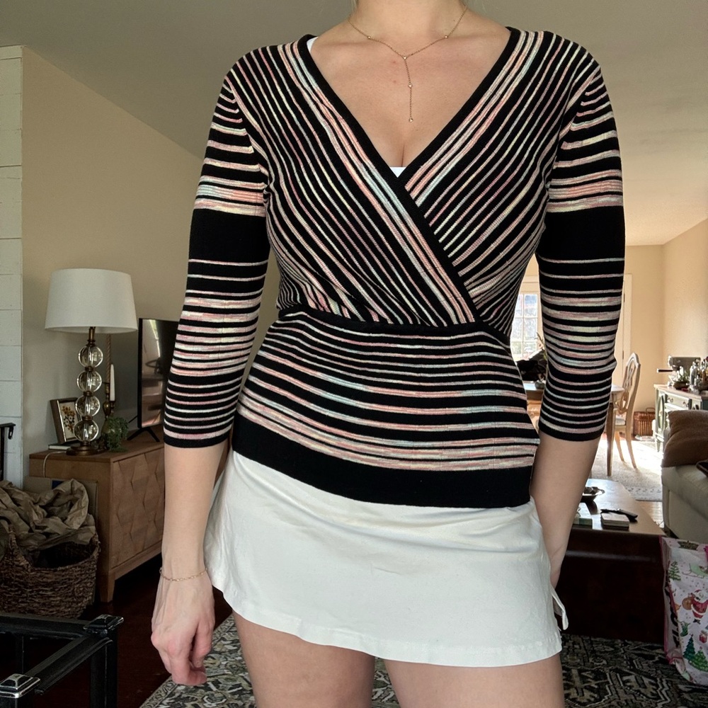 Nine West Striped Black Top with Pink and Light Blue Accents